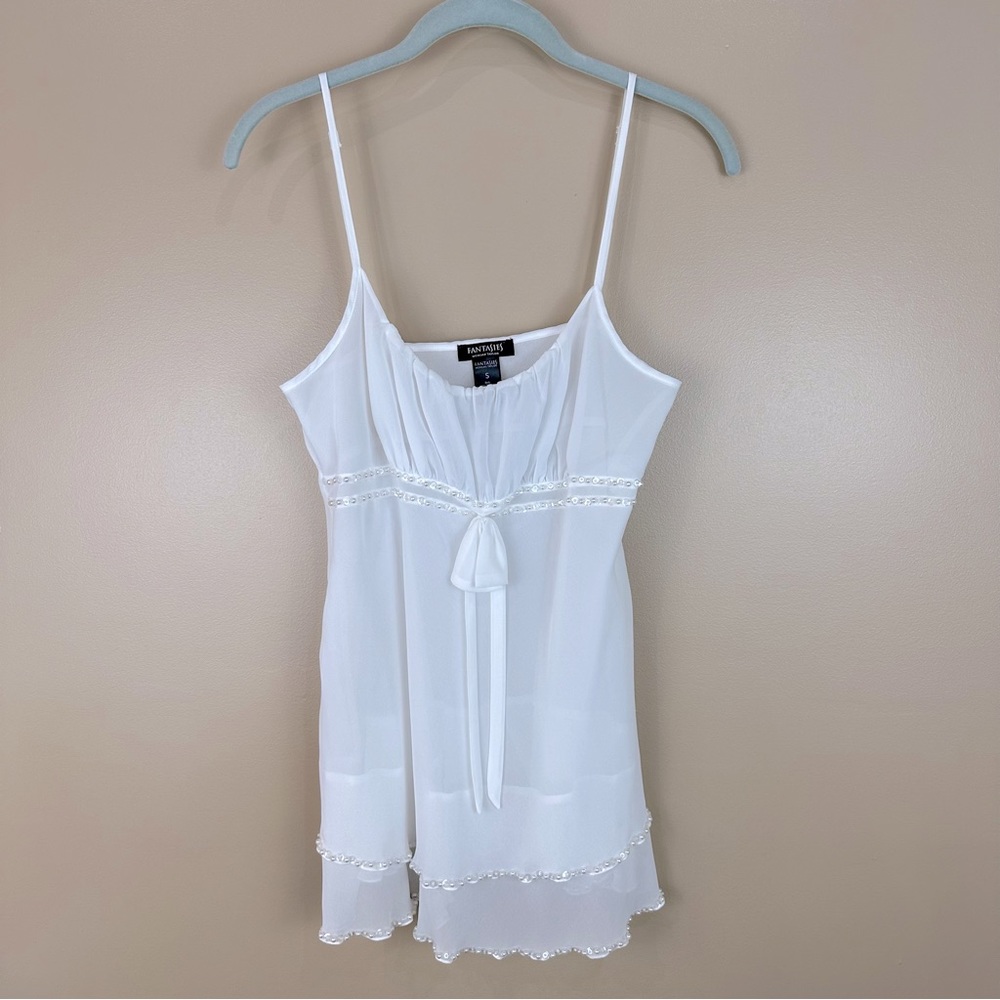 Fantasies Morgan Taylor White Chiffon Pearl & Sequin Ruffle Nightie Chemise S